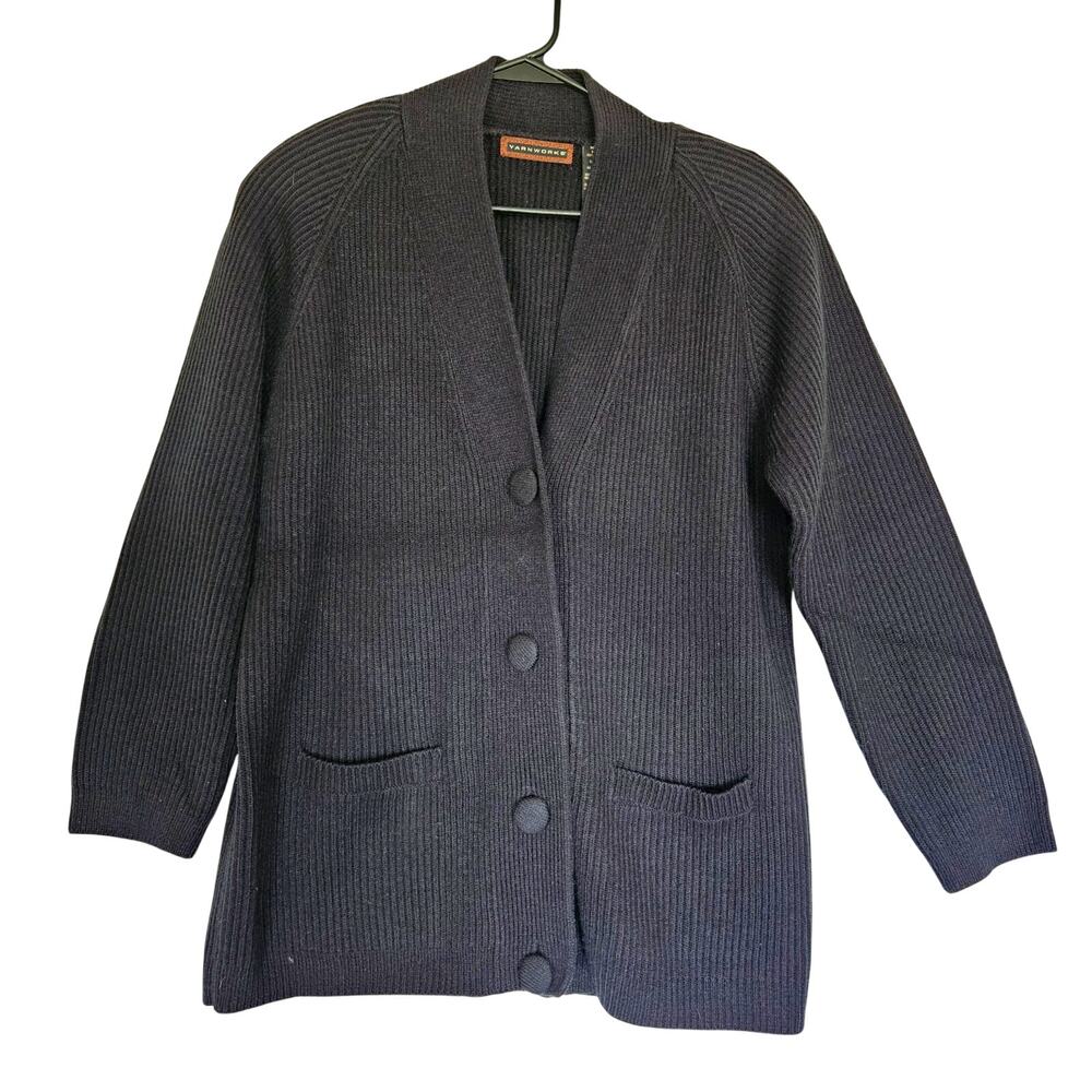 Yarn Works Vintage Medium Oversized Black Rib Cardigan Sweater Classic Preppy